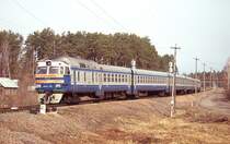 Noch mal der DR1A 126 am 28.03.2012 auf der Fahrt nach Gomel am Stadtrand von Gomel. Nikon F75 -Scan vom Dia. 