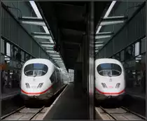 Starker Kontrast II - 

Auch hier führt die direkte Beleuchtung des hellen ICE 3 zu einem starken Kontrast zum schattigen Bahnhofsbereich drumherum. In einer Werbevitrine spiegelt sich die Ausfahrt des Zuges. Bei beiden Aufnahmen musste man aufpassen, den ICE nicht über zu belichten. 

Stuttgart Hauptbahnhof, 05.06.2012 (Ma)
