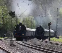 Dann wurde es wieder lange ruhig und alles wartete gespannt auf die zweite und letzte Parallelfahrt von Bebra nach Sontra mit voller Bespannung der Z�ge von 03 1010 mit 211 019-5 und 50 3501 mit 50 3610-8. Aufgenommen am 28.04.2012 in Cornberg.