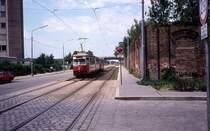 Wien Wiener Stadtwerke-Verkehrsbetriebe (WVB) SL A (E1 4797 (SGP 1973)) II, Leopoldstadt, Wehlistraße im Juli 1977. - Scan eines Diapositivs. Kamera: Leica CL.