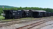 Mit diesen Kohlewagen wurde fr�her die Kohle aus den Bergen bis nach Mt. Union gebracht, wo sie dann auf Regelspur-Wagen umgeladen wurde (Orbisonia, PA, 6.6.09). 
Der vordere Wagen #802 ist einer von nur 10 Seitentlade-Wagen. Die meisten anderen Kohlewagen haben drei Kammern, von diesen baute die EBT 239 St�ck.