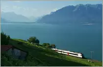 W�hrend der  Domino  der S31 die ersten Sonnenstrahlen kr�ftig zur�ckspiegelt, gleitet der Blick �ber den ruhigen See ins Chablais. 
Bei Chexbres, den 10. Juli 2012
