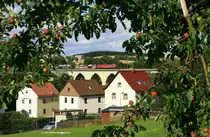 Am Abend des 19.07.2012 zog die 232 618 einen langen G�terzug mit Autos und Holz �ber das Viadukt in Unterkotzau. H�tte nicht gedacht, hier schon wieder �pfel anzutreffen...