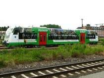 VT 009 der Erfurter Bahn, ist seit kurzem mit  Vollwerbung  f�r die Stadt Erfurt und den Nationalpark Hainich unterwegs. Hier ist er w�hrend des Rangierens im Erfurter G�terbahnhof von mir angetroffen wurden. 23.06.06