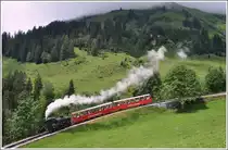 Lok 12 verl�sst um 13.00Uhr die Planalp Richtung Brienz. Wegen des Streckeunterbruchs im oberen Teil fuhren die Z�ge nach dem Zwischensaisonfahrplan. (03.08.2012)