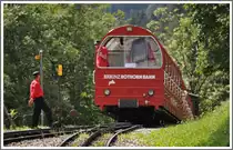 Zugskreuzung zwischen zwei Dampfz�gen mit den Neubauloks 12 und 14 in Geldried zwischen Brienz und Planalp. Die Weichen werden vom Zugspersonal noch von Hand gestellt. (03.08.2012)