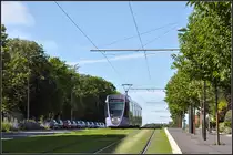 Lila Tram auf grüner Trasse - 

Citadis 103 in Fahrtrichtung Innenstadt auf dem Rasenbahnkörper zwischen den Haltestellen  Franchet d'Esperey  und  Courlancy . Die früher vielspurige Avenue du Général de Gaulle wurde mit dem Straßenbahnbau auf zwei Fahrspuren zurückgebaut. 

24.07.2012 (J)