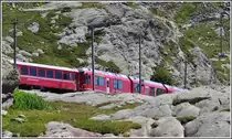 R1629 mit ABe 8/12 3514 zw�ngt sich zwischen Felsen hindurch entlang des Lago Bianco. (11.08.2012)