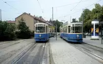 M�nchen MVV Tramlinie 20 (m4.65 3485) / Tramlinie 18 (m4.65 3416) Effnerplatz im Juli 1987.