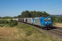 LTE 185-528 mit einer weiteren Lok der Baureihe 185 der EVB im Schlepp bei Eglwang an der KBS 880.(18.8.2012)