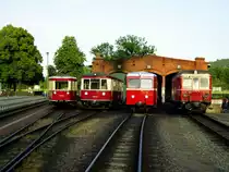 Am Abend des 17.08.2012 bot die HSB, im Rahmen des 125 j�hrigen Bestehens der Schmalspurbahn im Harz, eine einmalige Triebwagenaufstellung vor dem Lokschuppen in Gernrode (Harz) an. So konnten im letzten Licht des Tages die vier Triebwagen: T1 der HSB (187 001), T42 DEV-Triebwagen (ex. DR VT 137 532), T102 der Selfkantbahn und 187 025 (ex. DR VT 137 566/ex. T3 der NWE) fotografiert werden.
Dies war eine offizielle Veranstaltung, bei der das Betreten der Gleise unter Aufsicht der HSB-Mitarbeiter erlaubt war!