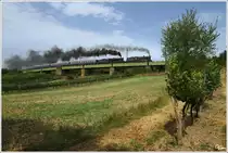 Anl�sslich des Jubil�ums  175 Jahres Eisenbahn in �sterreich  fuhr die IGE eine Eisenbahn-Romantik-Rundfahrt quer durch �sterreich. Hier �berqueren die beiden Dampfloks 109.13 & 310.23 mit dem Sdz 17202 (Wien S�d Ostseite - Sigmundsherberg) die Hangbr�cke nahe Limberg-Maissau.
22.8.2012