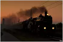 Der Schattenriss - Im letzten Abendlicht ziehen die Dampfloks 310.23 und 109.13 den SE 17201 von D�rnstein-Oberloiben nach Strasshof.  
Wagram am Wagram 22.8.2012

