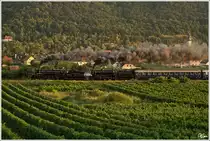 Wachau II - Sicherlich ein H�hepunkt der IGE Eisenbahn-Romantik-Rundfahrt war die Fahrt am Mittwoch durch die Wachau. Im allersch�nsten Abendlicht ziehen die Dampfloks 310.23 und 109.13 den SE 17201 von D�rnstein-Oberloiben nach Strasshof. Unterloiben 22.8.2012

