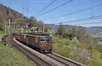 Re 4/4 182 und eine weitere mit G�terzug am 26.04.2012 bei Immensee