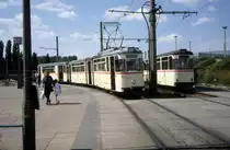 Rostock St�dtischer Nahverkehr SL 2 (Gotha-GTw 723 / Gotha-Bw 923) Marienehe am  1. Juli 1990.