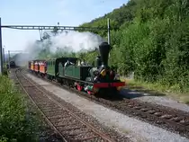 Jubil�um „150 Jahre Bahnlinie Turgi – Koblenz – Waldshut“ am Wochenende vom 22. und 23. August 2009. Dampfextrazug zum Jubil�um 150 Jahre Bahnlinie Turgi - Koblenz - Waldshut. Dieser Dampfextrazug durchf�hrt am Sonntag den 23. August 2009 um ca 11:10 Uhr den Bahnhof Felsenau (AG). Die Fahrt f�hrt von Koblenz nach Leibstadt. Als Zuglok dient die �ber 150 Jahre alte Dampflok Ec 2/5 Nr. 28  Genf  (Baujahr 1858) der ehemaligen SCB. An der Lok angeh�ngt sind die Wagen der Spanisch-Br�tli-Bahn. Aufnahmedatum: 23.08.2009.