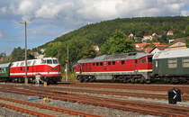 Zur Begegnung dieser zwei sch�nen DR-Diesellokomotiven kam es am 01.09.2012 im Bahnhhof Meiningen. Beide, 118 770-7 sowie 132 004-3, waren mit Sonderz�gen zum Dampfloktreffen gekommen.