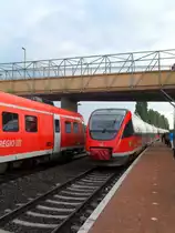 Links: RE3 von frankfurt nach Saarbr�cken mit nur  einer Einheit 612, rechts eine morgendliche zus�tzliche RB Mainz-Bad Kreuznach, die den RE noch durchlassen musste, weil der Abstellbereich von Bad Kreuznach von hier aus gesehen links liegt.
15092012.