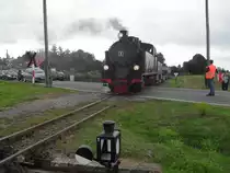 Lok 9, welche heute am 15.09.2012 ihren letzten Betriebstag hatte f�hrt mit ihrem G�terzug am 15.09.2012 in Siersleben ein. (Nicht mein Bild ist schief sondern die beiden Lichtmasten am Bahn�bergang).
