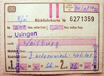 2. Klasse R�ckfahrkarte von Usingen nach Weilburg �ber Gr�venwiesbach und Wetzlar vom 4. Januar 1985 f�r DM 26,00