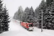 Am 02.02.2010 gleitet 1016 050 mit REX 3415 fast ger�uschlos durch die verschneite Landschaft, aufgenommen bei Bad Mitterndorf.