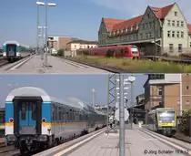 Hof Hbf, Blick nach Norden am 19.6.12: agilis-VT 650 718 wartet auf Gleis 1a auf die n�chste Fahrt nach Selb. Links steht eine ALEX-Garnitur auf Gleis 2 und rechts 612 654 vor dem alten Lagerhaus.