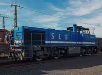 Die G1206-SP-021 der SLG - Spitzke Logistik GmbH abgestellt am 02.09.2012 beim ICE-Bahnhof Montabaur. Die MaK G 1206 wurde 2003 bei Vossloh unter der Fabriknummer 1001383 gebaut, sie hat die NVR-Nummer  92 80 1275 850-6 D-SLG.