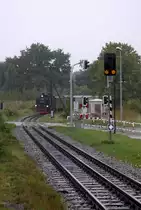 B� 11,9. Die Automatischranke ist geschlossen und 99 1781 - 6 wird in wenigen Augenblicken passieren, Starkregen am 30.08.2012 gegen 13.15 Uhr
Die Gleise queren hier die F�rst-Malte-Allee.