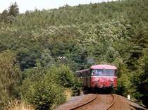Schienenbus aus Wetzlar am Kuhschwanzweiher zwischen Brandoberndorf und Hasselborn, 1. H�lfte der 1980iger Jahre.