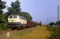 216 018 bei Duisburg Wanheim mit einem Zug von den Mannesmann Röhrenwerken in Mülheim Styrum, 21.08.1984.
