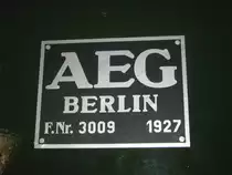 Fabrikschild der BR95 02 der DR, am 16.09.2012 im BW Arnstadt, Th�ringen aufgenommen.