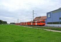 Abschiedsfahrt der zweiteiligen Mandarinli: Im Bild ist der Fotoextrazug, bestehend aus den Be 4/8 43, 45 und 42, zwischen Lohn-L�terkofen und der ehem. Haltestelle K�ttigkofen-Kr�iligen, 14.10.2012.