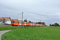 Abschiedsfahrt der zweiteiligen Mandarinli: Im Bild ist der Fotoextrazug, bestehend aus den Be 4/8 43, 45 und 42, zwischen Lohn-L�terkofen und der ehem. Haltestelle Ammannsegg, 14.10.2012.

