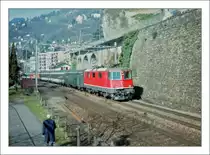 Auch heute gibt es IC-Z�ge Romanshorn - Brig, nur der hier zu sehende fuhr im Fr�hjahr 1994 planm��ig via Juras�dfuss und Lausanne (statt wie heute NBS und LBT) ins Wallis und f�hrt, leider schlecht zu sehen eine McDonald Speisewagen.
(Gescanntes Negativ, bei Veytauy-Chillon, M�rz 1994)