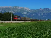 SBBC Ae 610 496 zog am Vormittag des 18.08.12 n�rdlich von Sevelen einen H-Wagen-Ganzzug in Richtung S�den.