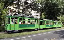 Die BVB feiert die Tramlinie 14 mit div. Oldtimer Z�gen hier die Ce 2/2 163 mit den Personenwagen 371 und 331 in der N�he des Aeschenplatzes in Basel am 26. August 2012.
Mehr dazu auf www.flugschiene.ch