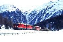 RhB G�terzug 5346 von Pontresina nach Landquart am 02.03.1996 im Val Bever zwischen Bever und Spinas mit E-Lok Ge 4/4II 621 - Ge 4/4II 632 - Gbkv 5558 - B 2455 - Rw 8261 - Gakv 54xx - Gbkv 55xx - Kk. Hinweis: gescanntes Dia
