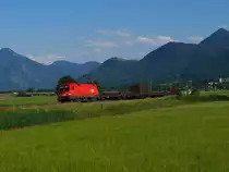 Am 16.06.12 ist �BB 1116 185 bei Bernau am Chiemsee mit EZ 44820 (Salzburg Gnigl-Vbf - M�nchen Nord Rbf) unterwegs.