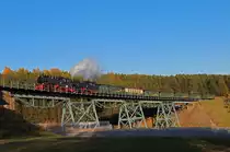Kurz vor dem Endbahnhof der CW, Kurort Oberwiesenthal, �berquert der Zug noch den in einem Gleisbogen liegenden, 100m langen H�ttenbachviadukt, 23.10.2012.
