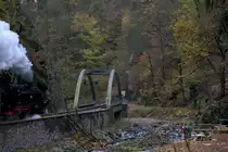 Die Br�cke �ber die Rote Wei�eritz ist als solche vom Typ her f�r Schmalspurbahnen eher ungew�hnlich.
Hier n�hert sich gerade 99 1746 - 9 gegen 11:00 Uhr  dem Bauwerk.