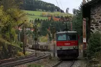 Nach einem kurzen Zwischenstopp im Bahnhof Breitenstein m�ssen die beiden �BB 1144er, die 227 und eine weitere die hier nicht zu erkennen ist, sanden um ihren G�terzug in der Steigung wieder zum Rollen zubekommen.
Breitenstein, 27.10.12