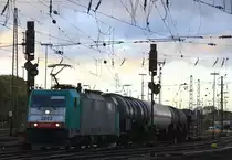 Die Cobra 2843 f�hrt mit einem gemischten G�terzug aus K�ln-Gremberg nach Antwerpen-Noord(B) bei Ausfahrt aus Aachen-West und f�hrt in Richtung Montzen/Belgien in der Abendstimmung am 4.11.2012.