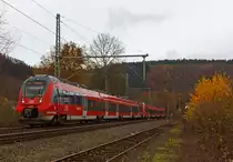 442 256 und 442 254 (Zwei gekuppelte 4-teilige Talent 2) f�hrt am 11.11.2012 als RE 9 (rsx - Rhein-Sieg-Express) Siegen - K�ln - Aachen in Richtung K�ln, hier bei Betzdorf-Bruche. Trotz dem heutigen Sonntag ist der Triebzug schon hier gut gef�llt, denn in K�ln ist was los, der Karneval ist er�ffnet.