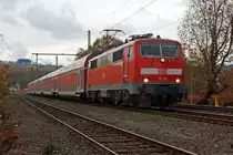 111 155 mit dem RE 9 - rsx - Rhein-Sieg-Express (Aachen-K�ln-Siegen) f�hrt am 11.11.2012 Richtung Siegen, hier bei Betzdorf-Bruche.