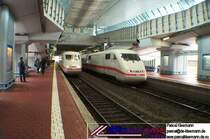 Ein st�ndiges Kommen und Gehen:
Begegnung zweier ICE 1, der rechts zur Weiterfahrt nach Stuttgart, der links f�hrt Richtung Hamburg