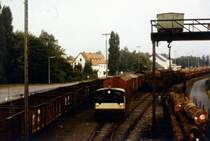 Dieses Foto aus dem Jahre 1983 zeigt die F�lle von Waggons auf den Gleisen des Bahnhofs in Wiedenbr�ck. Holzst�mme f�r die Werke Westag Getalit und Wonnemann wurden �ber den Schienenwege - teilweise als Ganzz�ge mit Dampflokomotiven bespannt - angeliefert. 