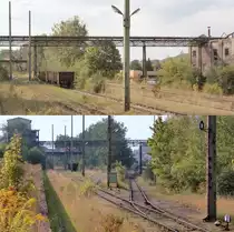 Blick nach Westen auf die verwaisten Gleisanlagen der Sulzach-Rosenberger Maxh�tte. Auf dem Bild unten rechts das Gleis zum Bahnhof, siehe Bild 652525. (5.9.12)