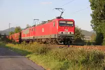 Das MEG Doppel aus 143 204-6 (MEG 602) und 155 198-5 (MEG 706) kam am 10.09.2012 mit einem Holzzug in Fahrtrichtung S�den �ber die KBS 613. Aufgenommen nahe der Nordeinfahrt nach Eschwege.