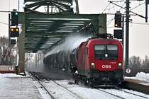 1116 043 mit Kesselwagenganzzug, am 19.01.2013 in Wien Praterkai (SRID 91029 von Stadlau nach Klagenfurt).